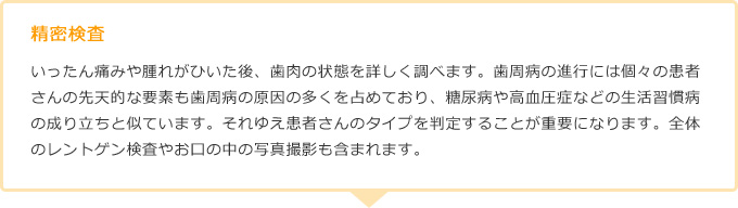 精密検査いったん痛みや腫れがひいた後、歯肉の状態を詳しく調べます。歯周病の進行には個々の患者さんの先天的な要素も歯周病の原因の多くを占めており、糖尿病や高血圧症などの生活習慣病の成り立ちと似ています。それゆえ患者さんのタイプを判定することが重要になります。全体のレントゲン検査やお口の中の写真撮影も含まれます。