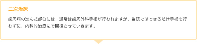 二次治療歯周病の進んだ部位には、通常は歯周外科手術が行われますが、当院ではできるだけ手術を行わずに、内科的治療法で回復させていきます。